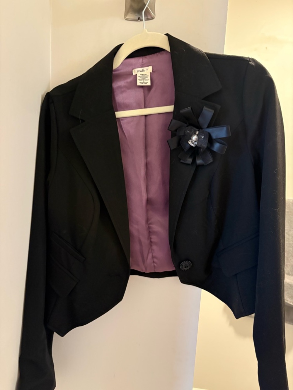 Black Cropped Blazer | Studio Y Dressy Jacket W/ satin lining - Picture 2 of 4